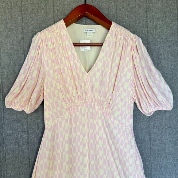 Club Monaco Pink Cream Check Print Puff Sleeve Shark Bite Hem Midi Dress Size 12 - Picture 3 of 16